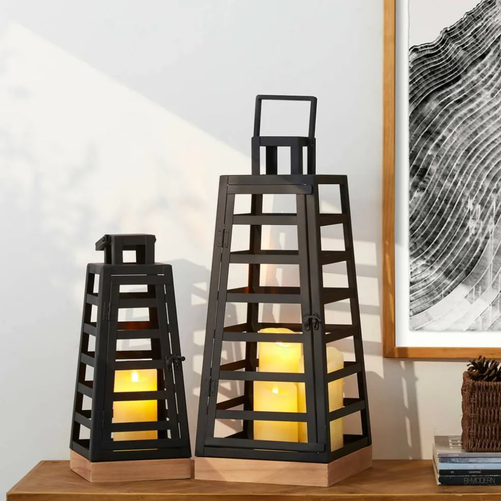 Glitzhome® Black Modern Trapezoid Metal & Wood Lanterns Set