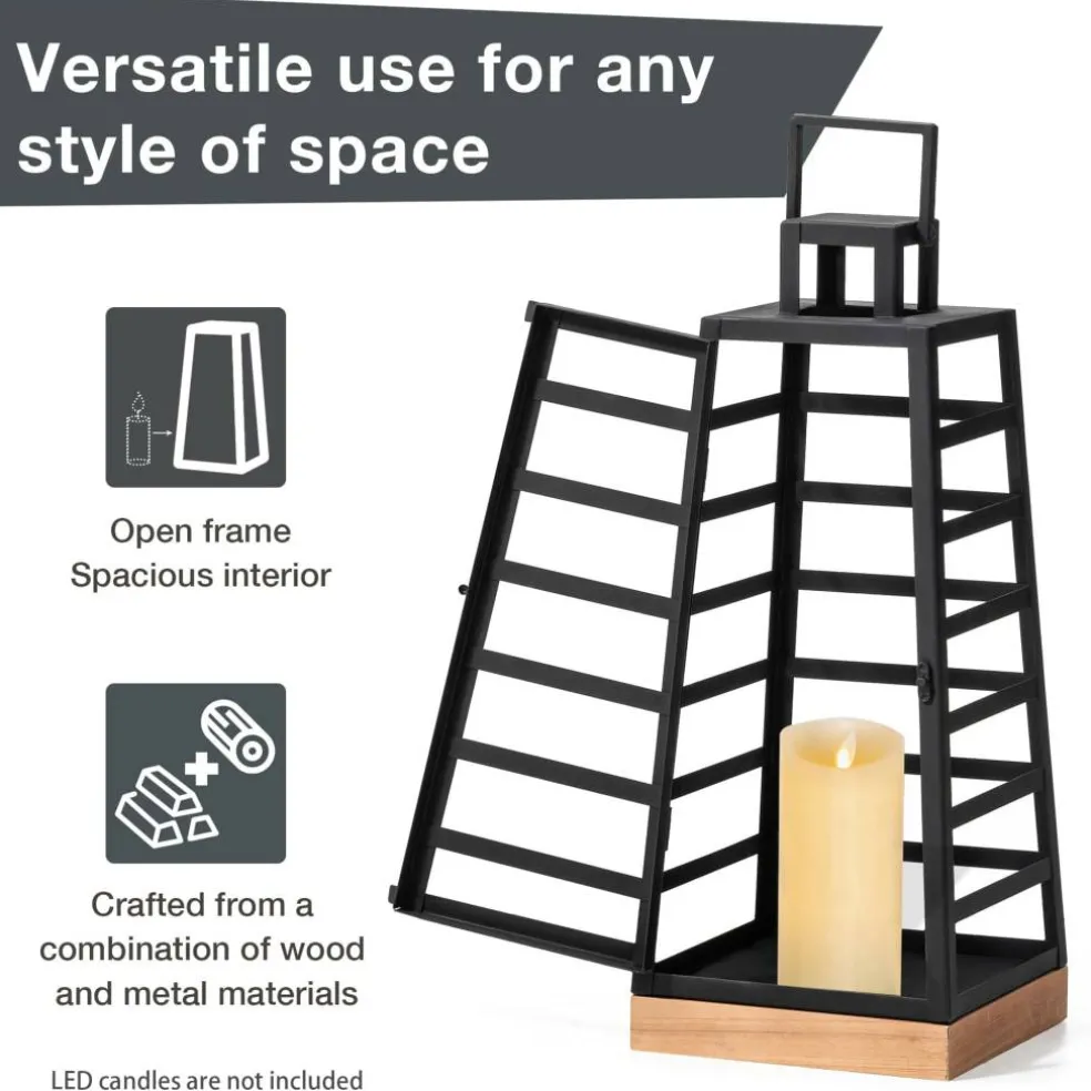 Glitzhome® Black Modern Trapezoid Metal & Wood Lanterns Set
