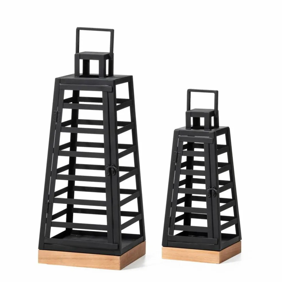 Glitzhome® Black Modern Trapezoid Metal & Wood Lanterns Set