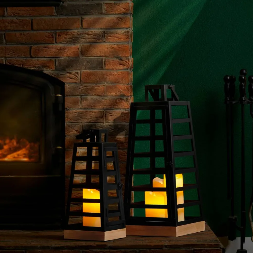 Glitzhome® Black Modern Trapezoid Metal & Wood Lanterns Set