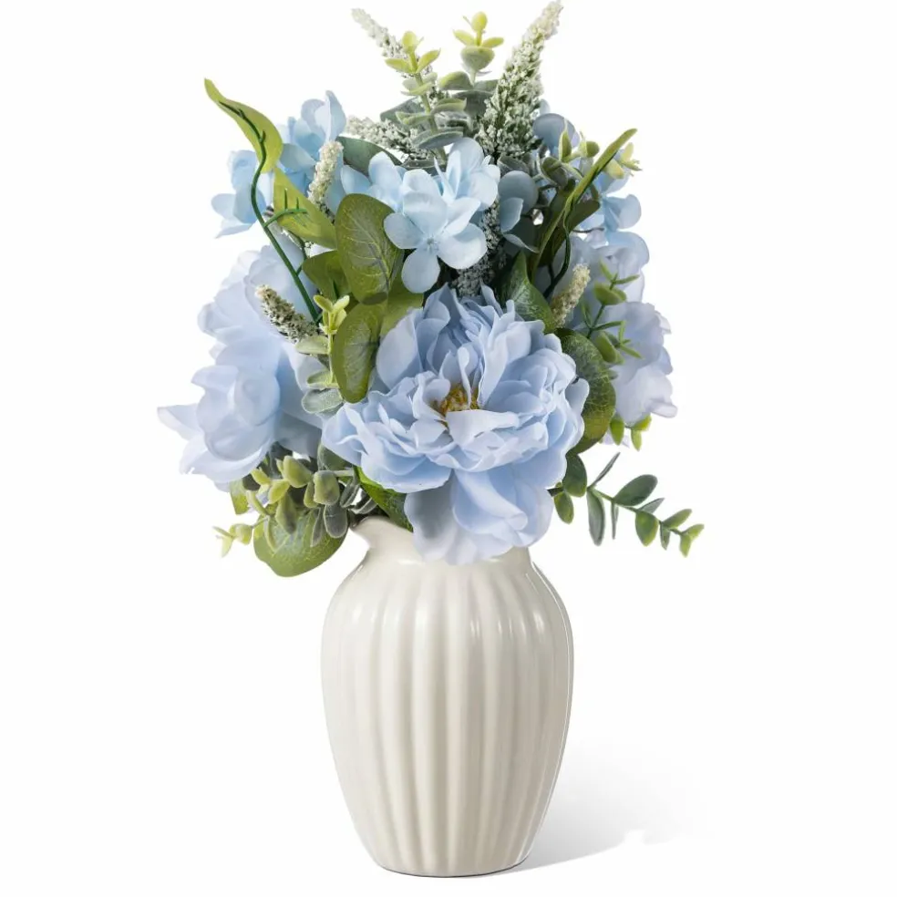 Glitzhome® 18" Blue Peony & Hydrangea with Ceramic Vase Centerpiece
