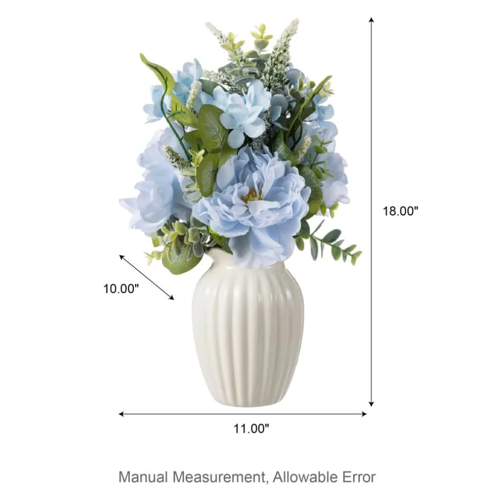Glitzhome® 18" Blue Peony & Hydrangea with Ceramic Vase Centerpiece