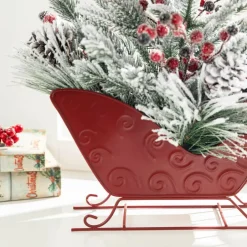 Glitzhome® 21" Christmas Red Sleigh Frosted Floral Centerpiece