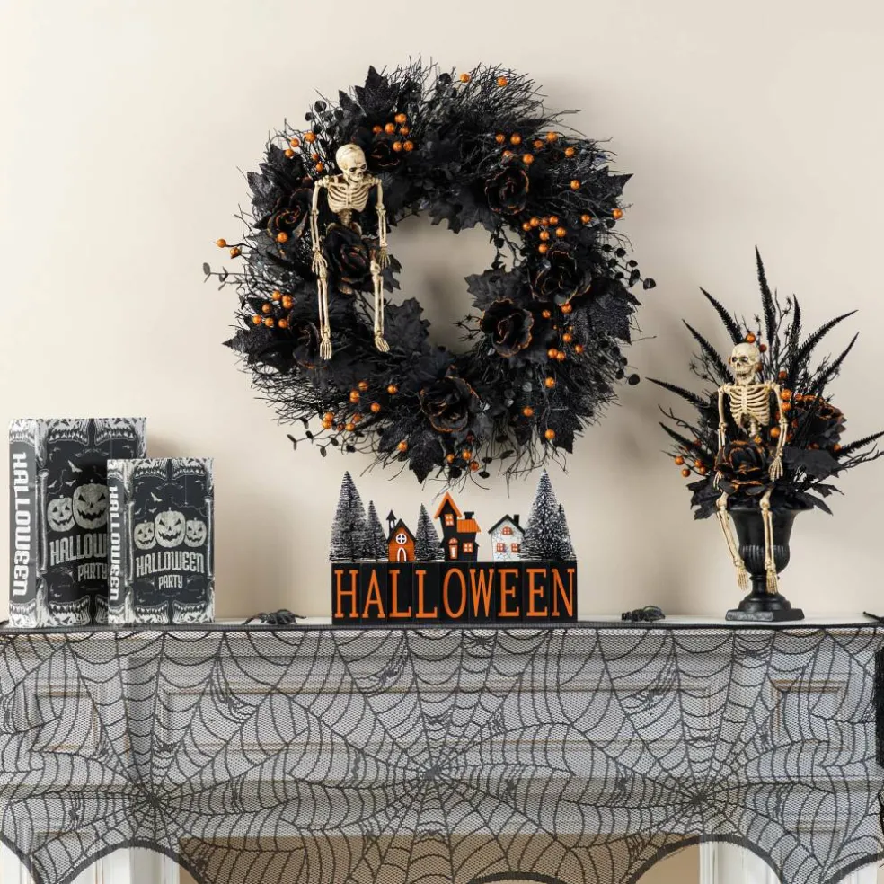 Glitzhome® 24"D Halloween Black Rose, Skeleton and Berry Wreath with Hanger