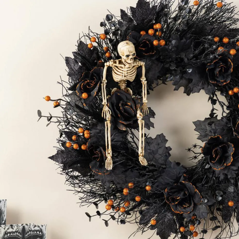 Glitzhome® 24"D Halloween Black Rose, Skeleton and Berry Wreath with Hanger