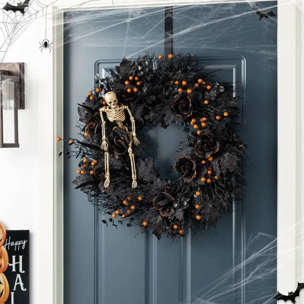 Glitzhome® 24"D Halloween Black Rose, Skeleton and Berry Wreath with Hanger