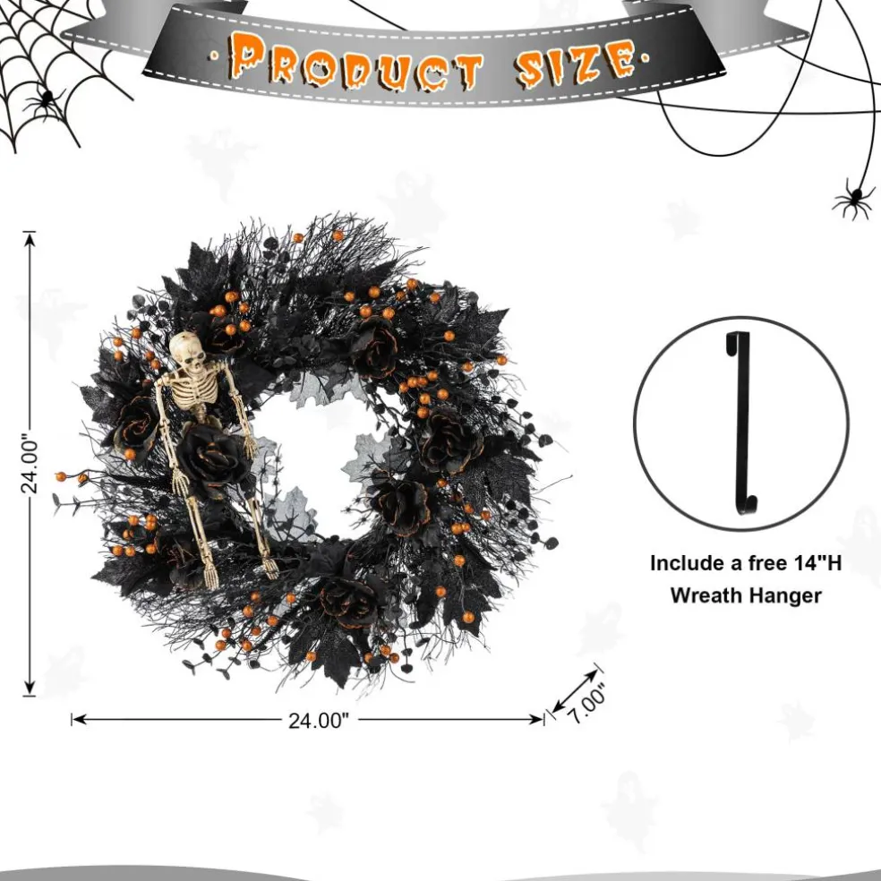 Glitzhome® 24"D Halloween Black Rose, Skeleton and Berry Wreath with Hanger