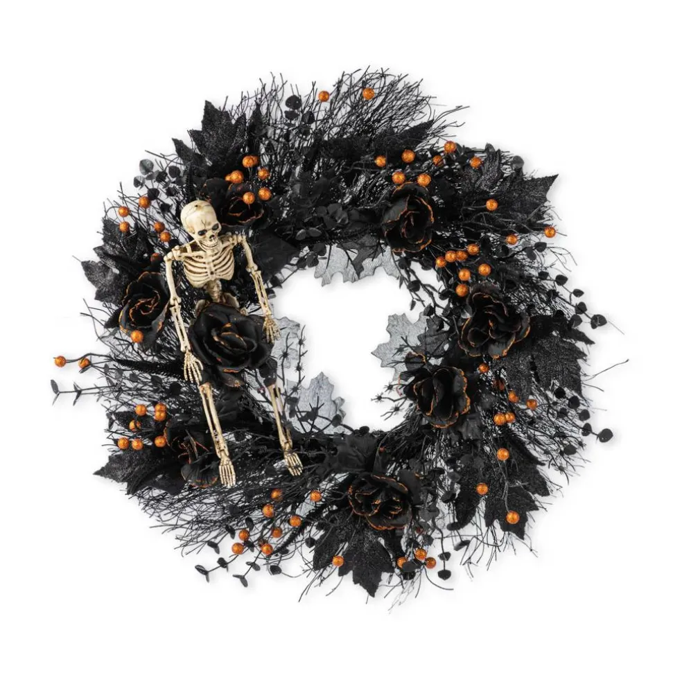 Glitzhome® 24"D Halloween Black Rose, Skeleton and Berry Wreath with Hanger