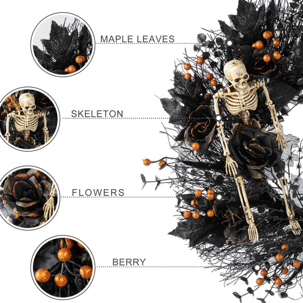 Glitzhome® 24"D Halloween Black Rose, Skeleton and Berry Wreath with Hanger