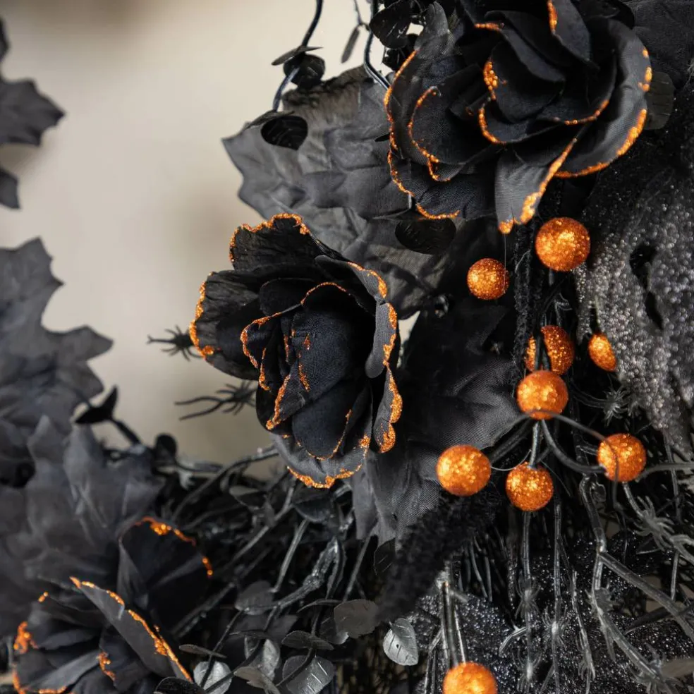 Glitzhome® 24"D Halloween Black Rose, Skeleton and Berry Wreath with Hanger