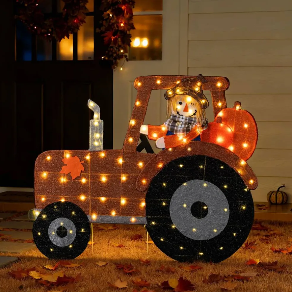 Glitzhome® 44" 2D Lighted Fall Scarecrow on Tractor Outdoor Decor with 100 Warm White LED Lights