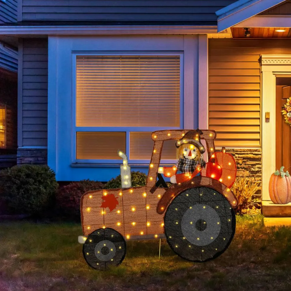 Glitzhome® 44" 2D Lighted Fall Scarecrow on Tractor Outdoor Decor with 100 Warm White LED Lights