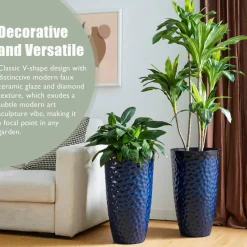 Glitzhome® 23.75" Eco-Friendly Honeycomb Textured Cobalt Blue Tall Plastic Planters, 2ct.