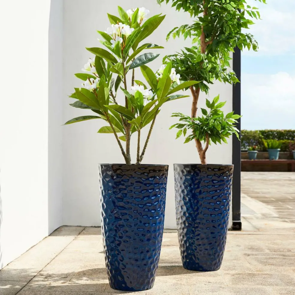 Glitzhome® 23.75" Eco-Friendly Honeycomb Textured Cobalt Blue Tall Plastic Planters, 2ct.