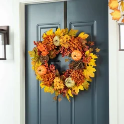 Glitzhome® 24" Fall Dahlia, Pumpkin, Leaf & Berry Wreath