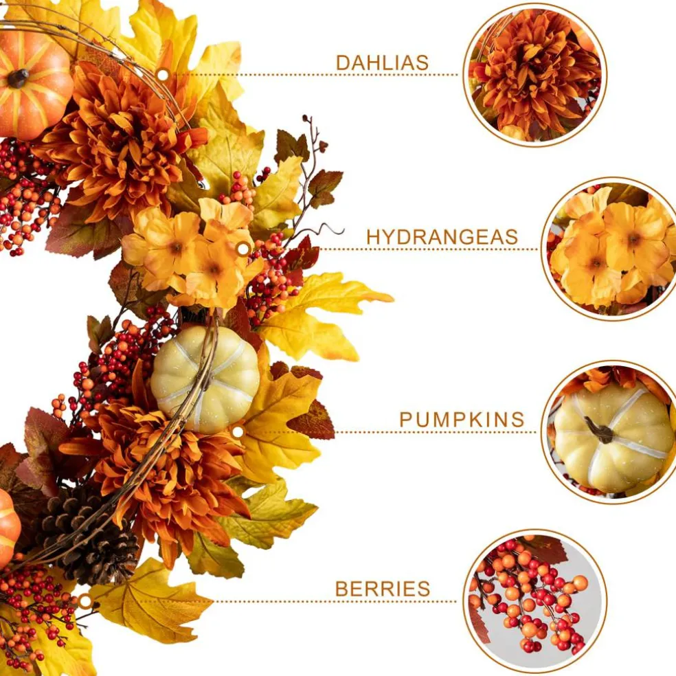 Glitzhome® 24" Fall Dahlia, Pumpkin, Leaf & Berry Wreath