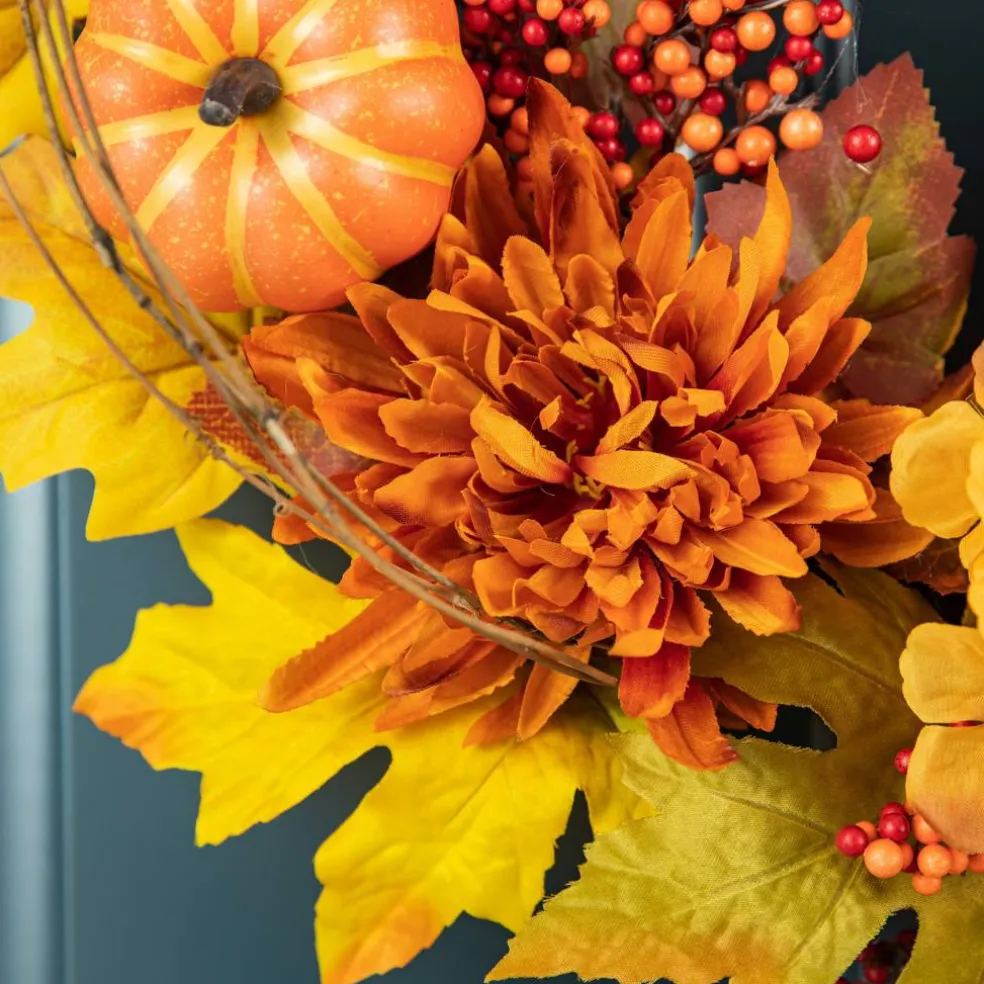 Glitzhome® 24" Fall Dahlia, Pumpkin, Leaf & Berry Wreath