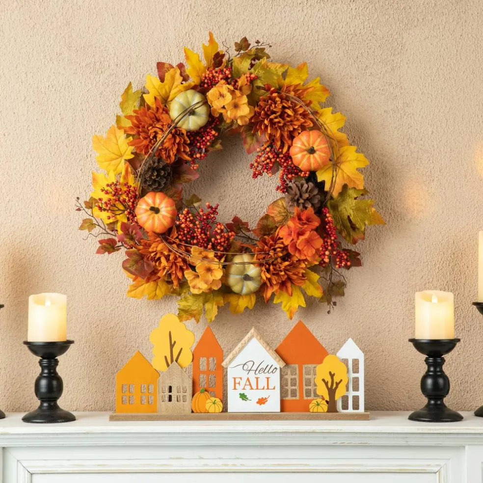 Glitzhome® 24" Fall Dahlia, Pumpkin, Leaf & Berry Wreath