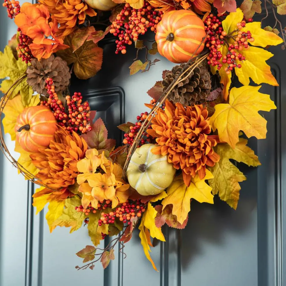 Glitzhome® 24" Fall Dahlia, Pumpkin, Leaf & Berry Wreath