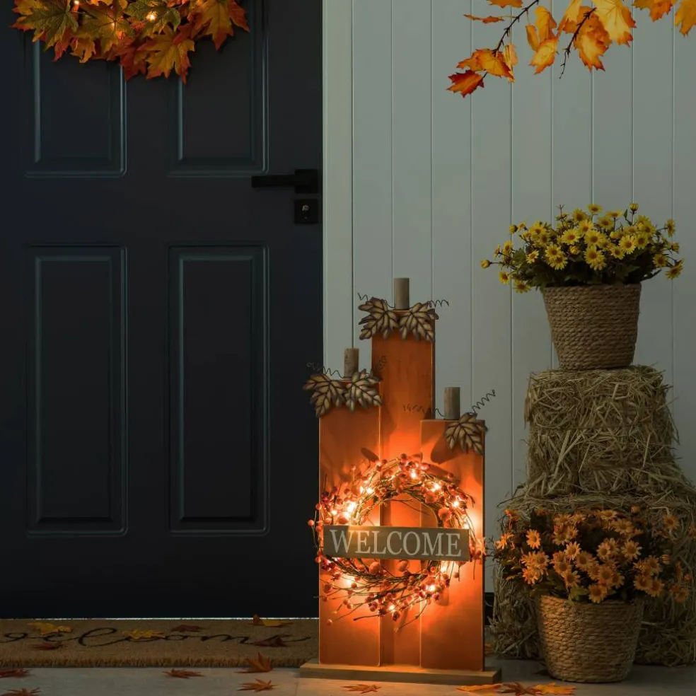 Glitzhome® 30" Fall Lighted Pumpkin & Wreath Décor with Timer