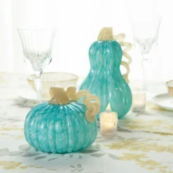 Glitzhome® 6" Fall Turquoise Round Glass Pumpkin