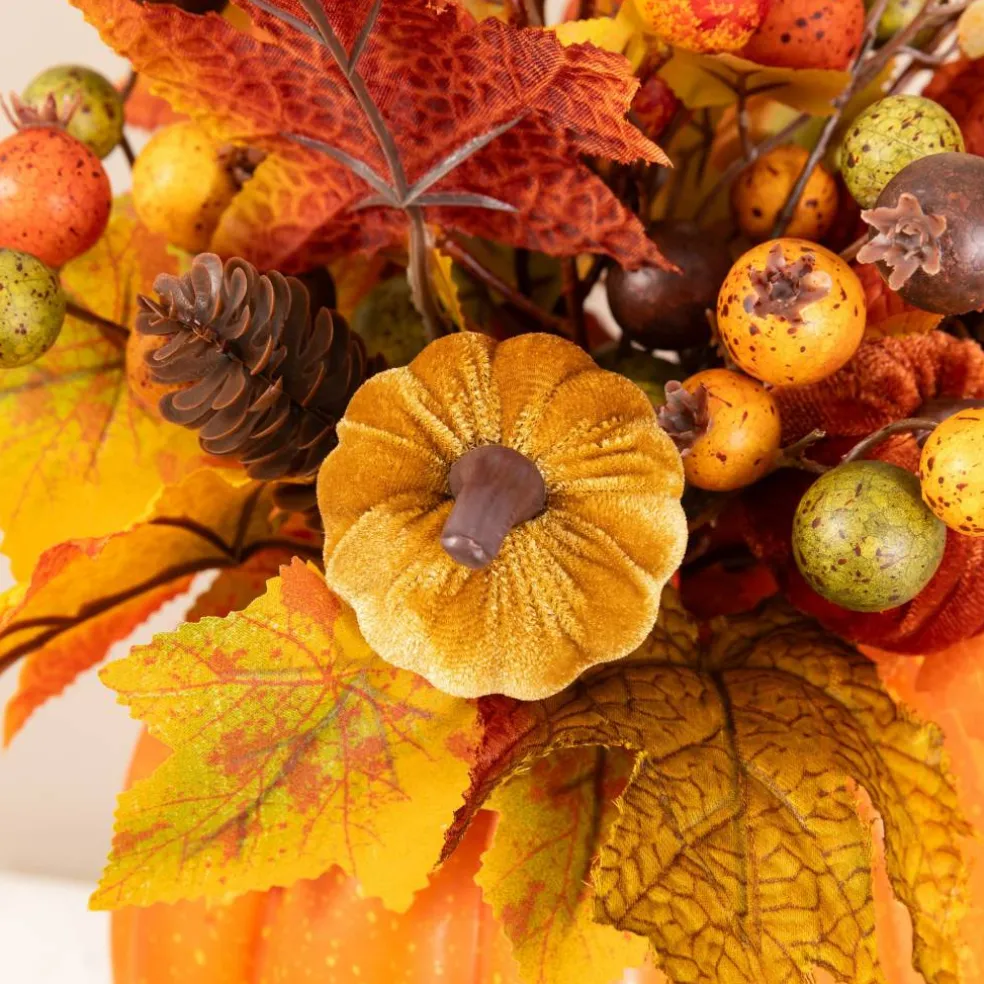 Glitzhome® 15" Fall Velvet Pumpkin, Pinecone & Berry Centerpiece