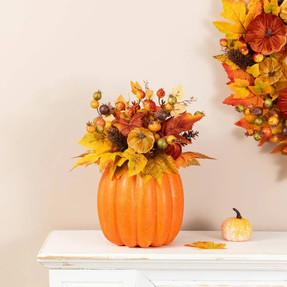Glitzhome® 15" Fall Velvet Pumpkin, Pinecone & Berry Centerpiece