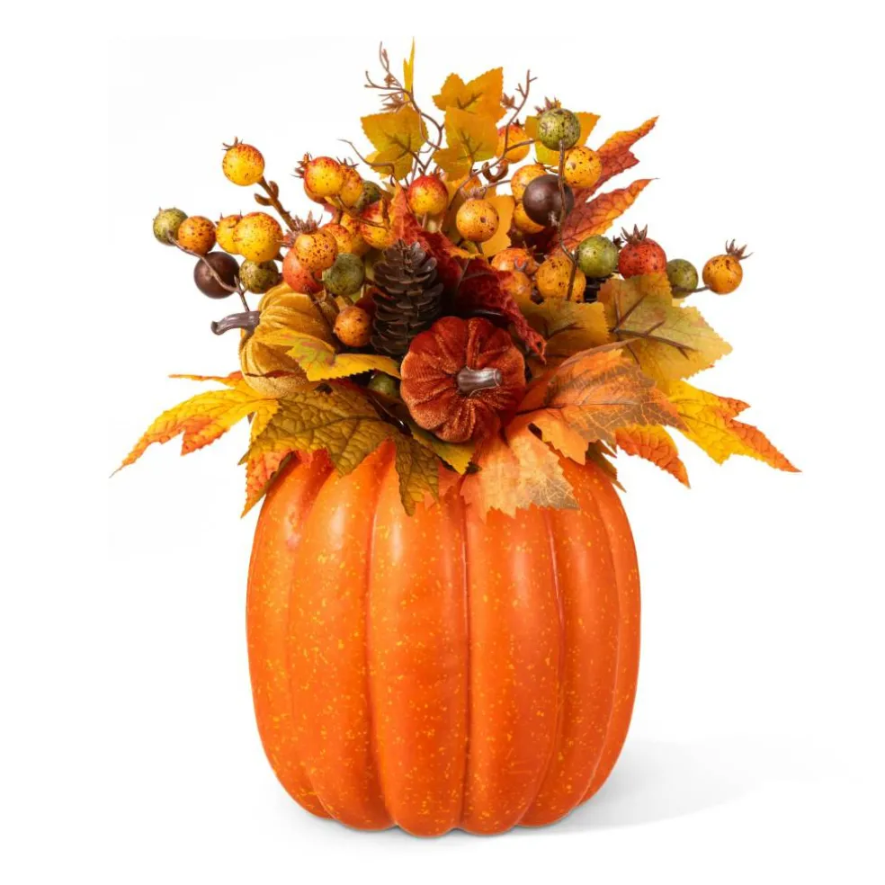 Glitzhome® 15" Fall Velvet Pumpkin, Pinecone & Berry Centerpiece