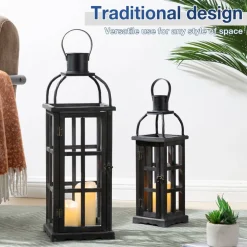 Glitzhome® Farmhouse Black Wood & Metal Lantern Set