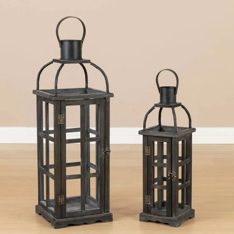 Glitzhome® Farmhouse Black Wood & Metal Lantern Set