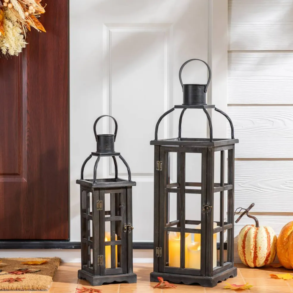 Glitzhome® Farmhouse Black Wood & Metal Lantern Set