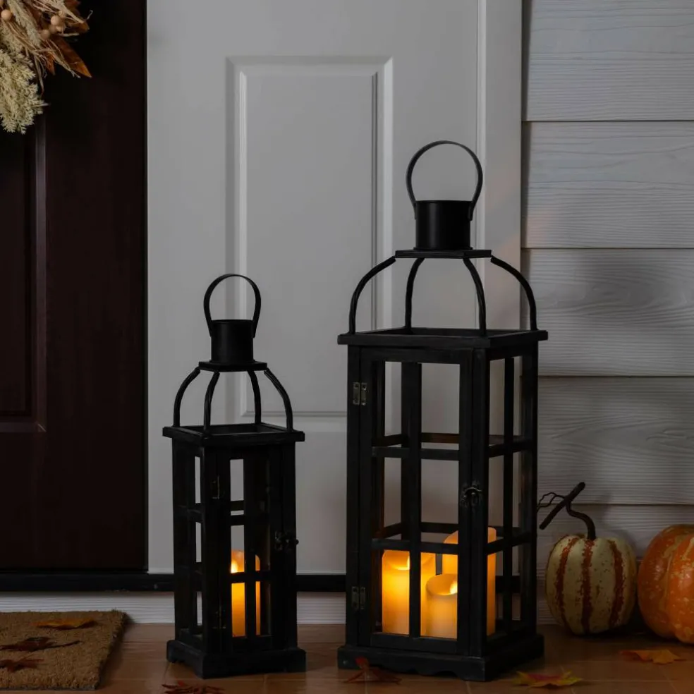 Glitzhome® Farmhouse Black Wood & Metal Lantern Set