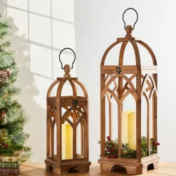 Glitzhome® Farmhouse Natural Wooden Church Window Frame Lanterns, 2ct.