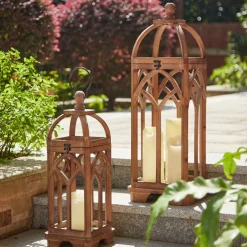 Glitzhome® Farmhouse Natural Wooden Church Window Frame Lanterns, 2ct.