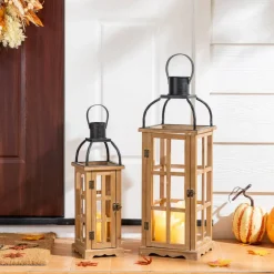Glitzhome® Farmhouse Natural Wood & Black Metal Lantern Set
