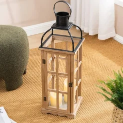 Glitzhome® Farmhouse Natural Wood & Black Metal Lantern Set