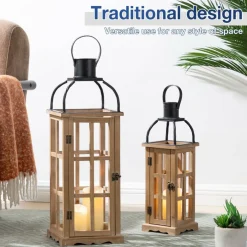 Glitzhome® Farmhouse Natural Wood & Black Metal Lantern Set