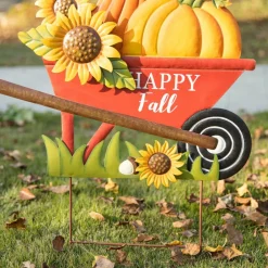 Glitzhome® 2.5ft. Fall Metal Wheel Barrow Pumpkin Yard Stake