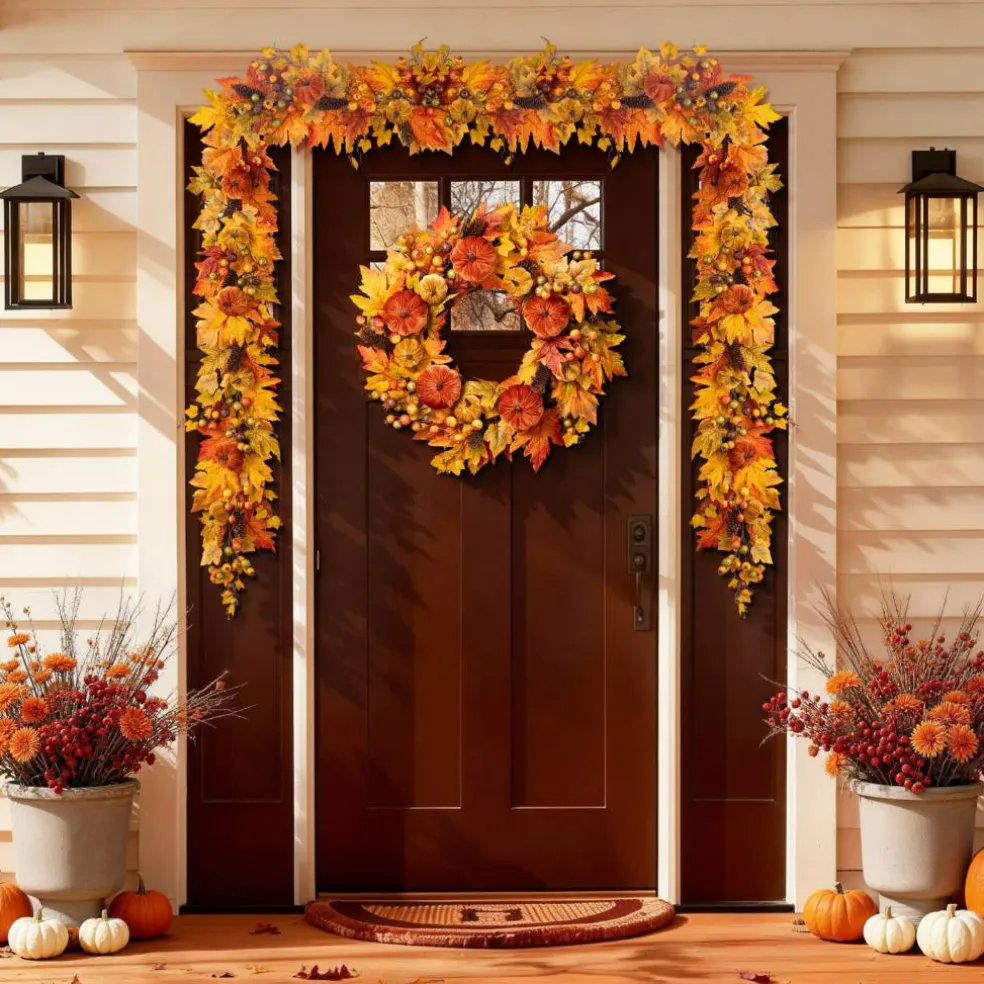 Glitzhome® 6ft Fall Velvet Pumpkin, Pinecone & Berry Garland