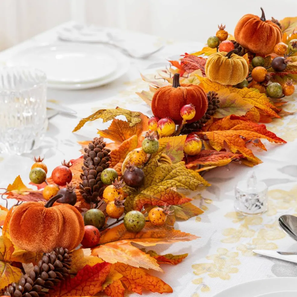 Glitzhome® 6ft Fall Velvet Pumpkin, Pinecone & Berry Garland