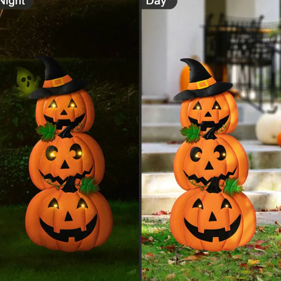 Glitzhome® 3.3ft. Halloween Lighted Metal Stacked Jack-O-Lantern Yard Stake Set with Timer