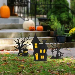 Glitzhome® 2ft. Halloween Metal Silhouette Haunted House and Ghost Tree Yard Stake Set