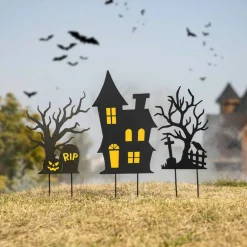 Glitzhome® 2ft. Halloween Metal Silhouette Haunted House and Ghost Tree Yard Stake Set