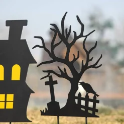 Glitzhome® 2ft. Halloween Metal Silhouette Haunted House and Ghost Tree Yard Stake Set