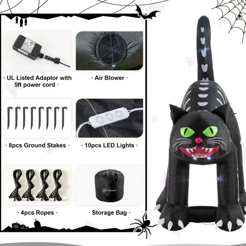 Glitzhome® 11FT Lighted Inflatable Giant Skeleton Cat Decor
