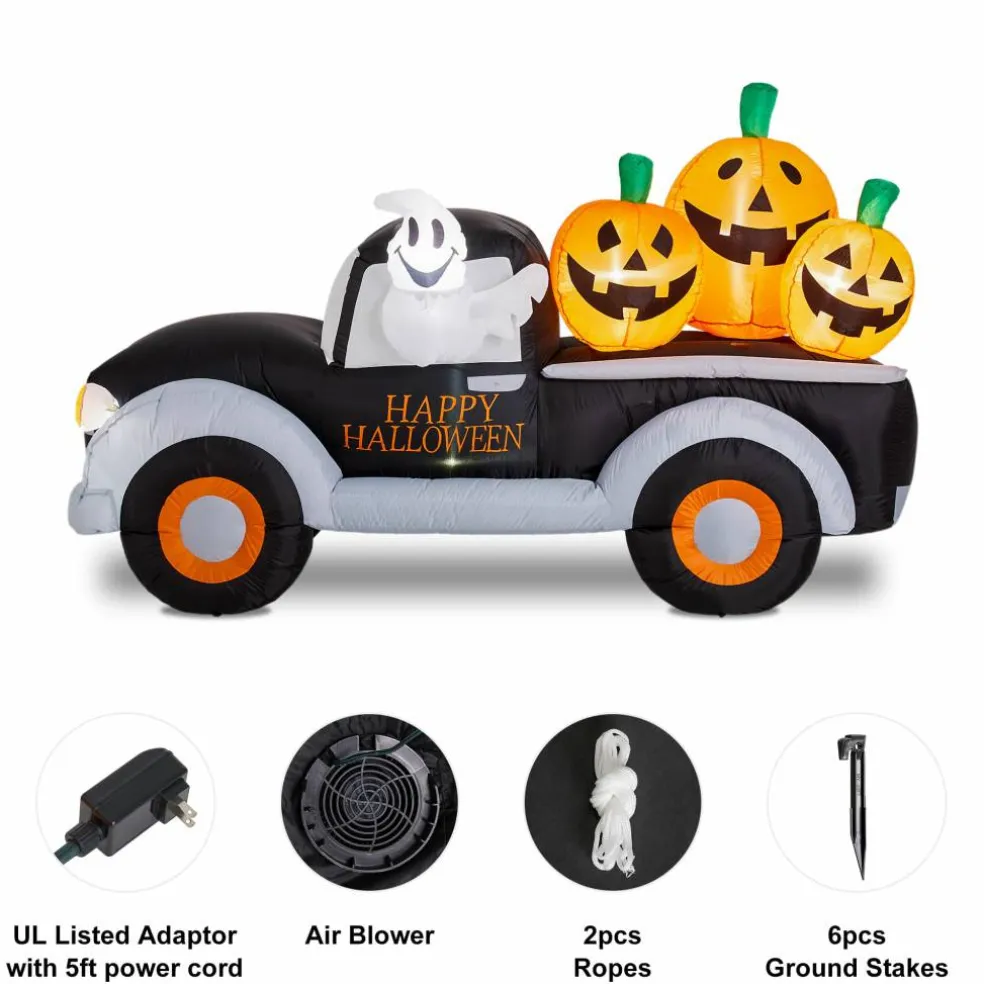 Glitzhome® 8ft. Lighted Inflatable Truck With Jack-O-Lantern Pumpkins Décor