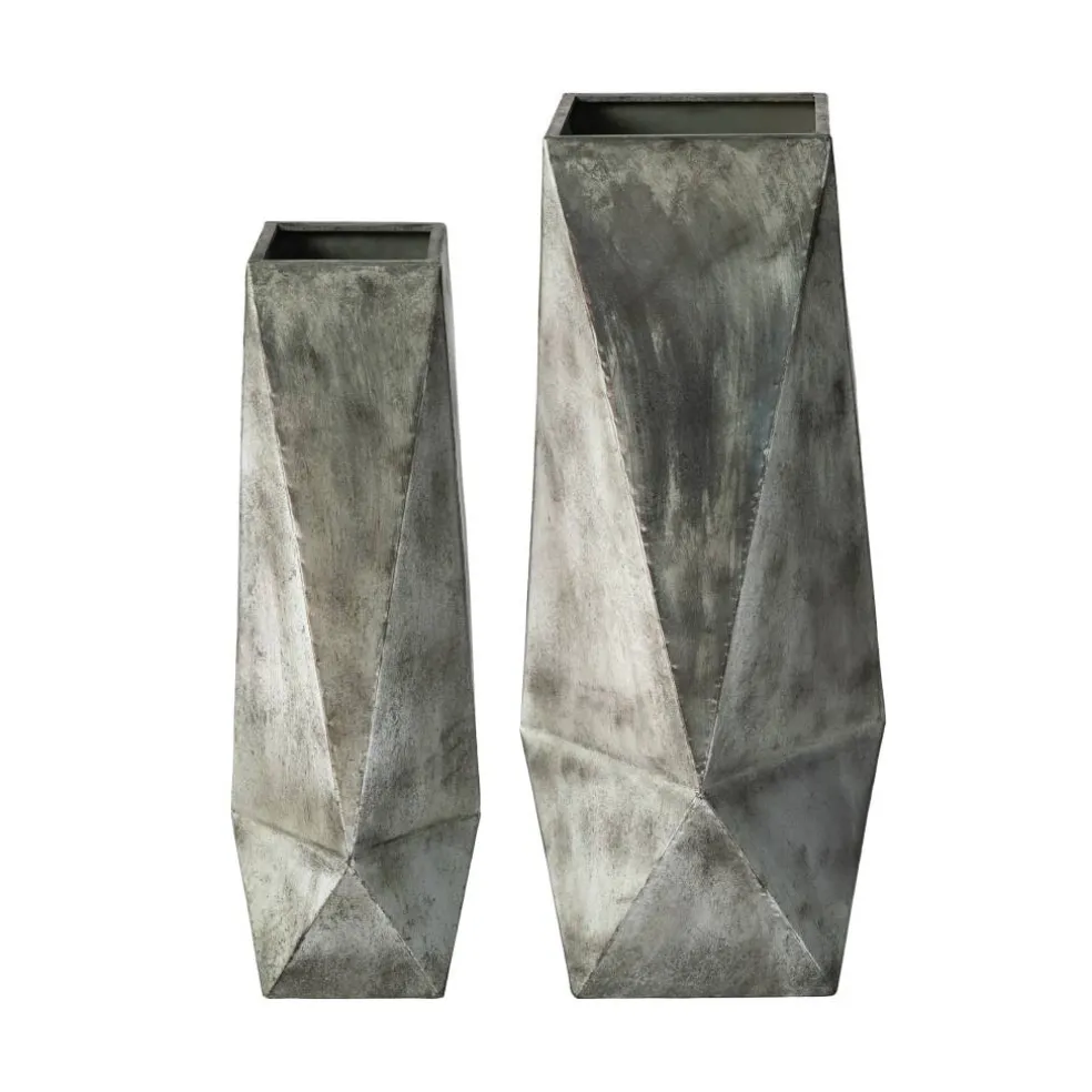 Glitzhome® Geometric Antique Silver Metal Floor Vases Set