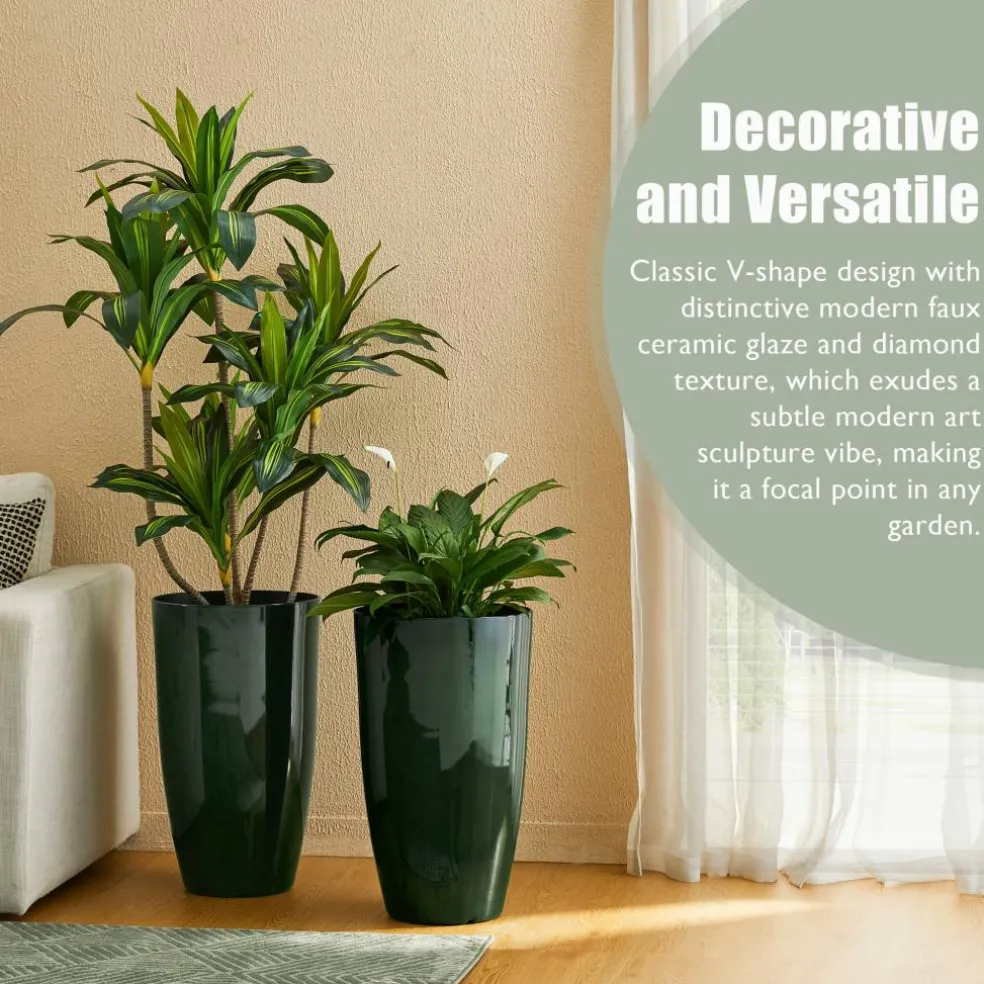 Glitzhome® 23.5" Gradient Green Faux Ceramic Tall Plastic Planters, 2ct.