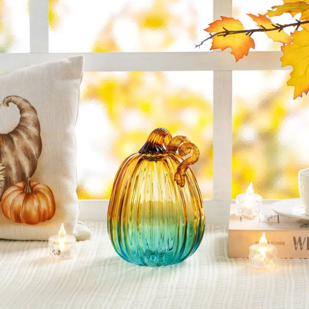 Glitzhome® 7" Gradient Turquoise Glass Pumpkin