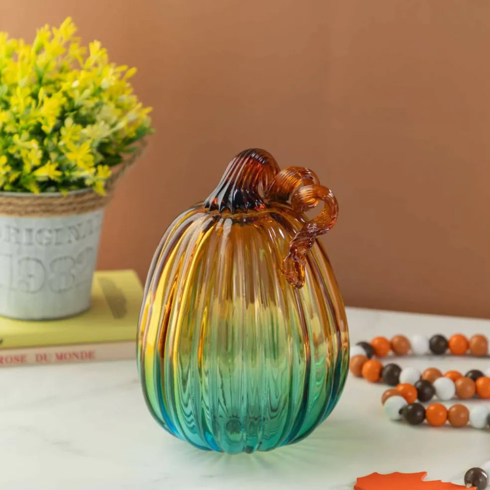 Glitzhome® 7" Gradient Turquoise Glass Pumpkin